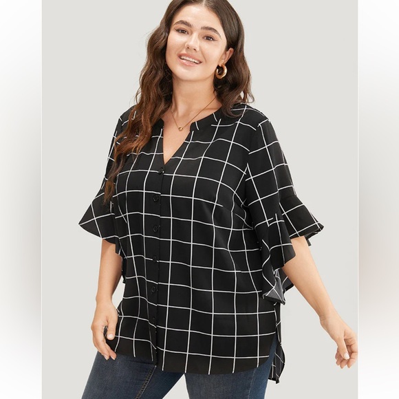 NWT Plaid Notched Button Up Ruffle Sleeve Split Hem Blouse size 26 - Picture 3 of 10